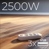 Maclean stekkerdoos, verlengkabel met 3 stopcontacten + 3xUSB, 110-240V AC 50/60Hz, 2,1A max 2500W, 1,5m, wit, MCE394 W
