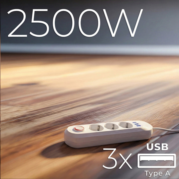 Maclean stekkerdoos, verlengkabel met 3 stopcontacten + 3xUSB, 110-240V AC 50/60Hz, 2,1A max 2500W, 1,5m, wit, MCE394 W