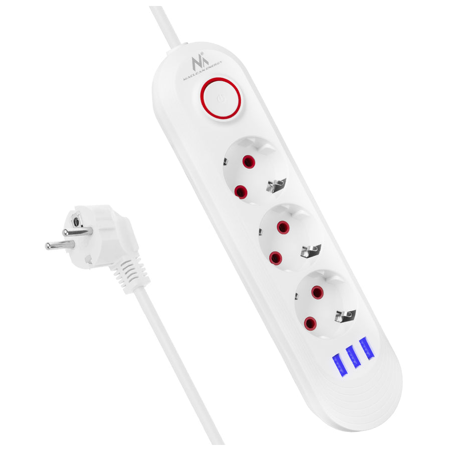 Maclean stekkerdoos, verlengkabel met 3 stopcontacten + 3xUSB, 110-240V AC 50/60Hz, 2,1A max 2500W, 1,5m, wit, MCE394 W