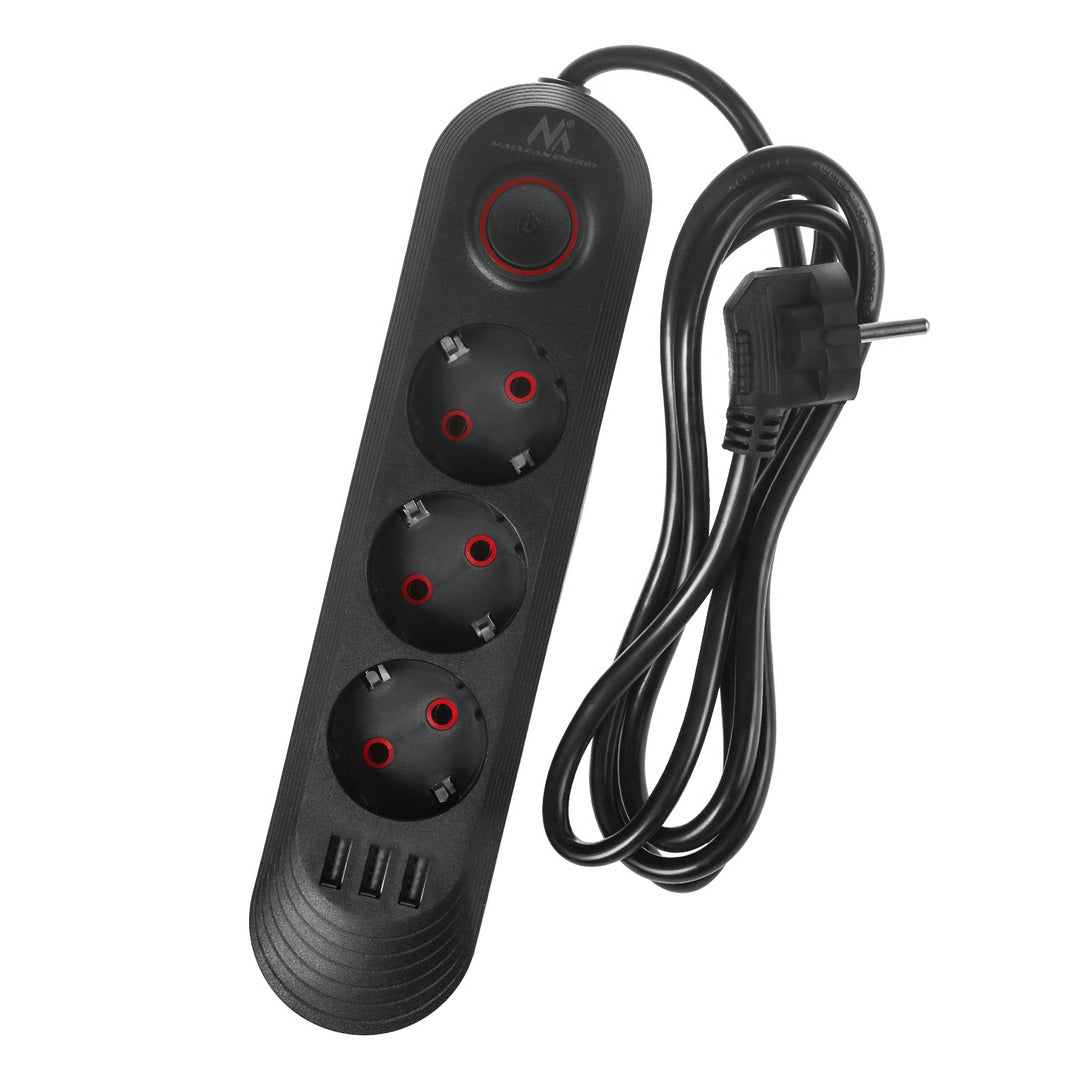 Maclean stekkerdoos, verlengkabel met 3 stopcontacten + 3xUSB, 110-240V AC 50/60Hz, 2,1A max 2500W, 1,5m, zwart, MCE394 B