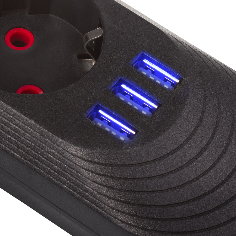 Maclean stekkerdoos, verlengkabel met 3 stopcontacten + 3xUSB, 110-240V AC 50/60Hz, 2,1A max 2500W, 1,5m, zwart, MCE394 B