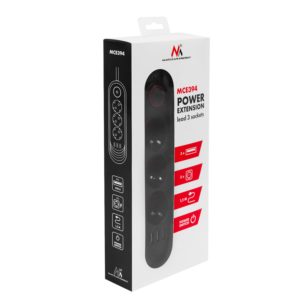 Maclean stekkerdoos, verlengkabel met 3 stopcontacten + 3xUSB, 110-240V AC 50/60Hz, 2,1A max 2500W, 1,5m, zwart, MCE394 B
