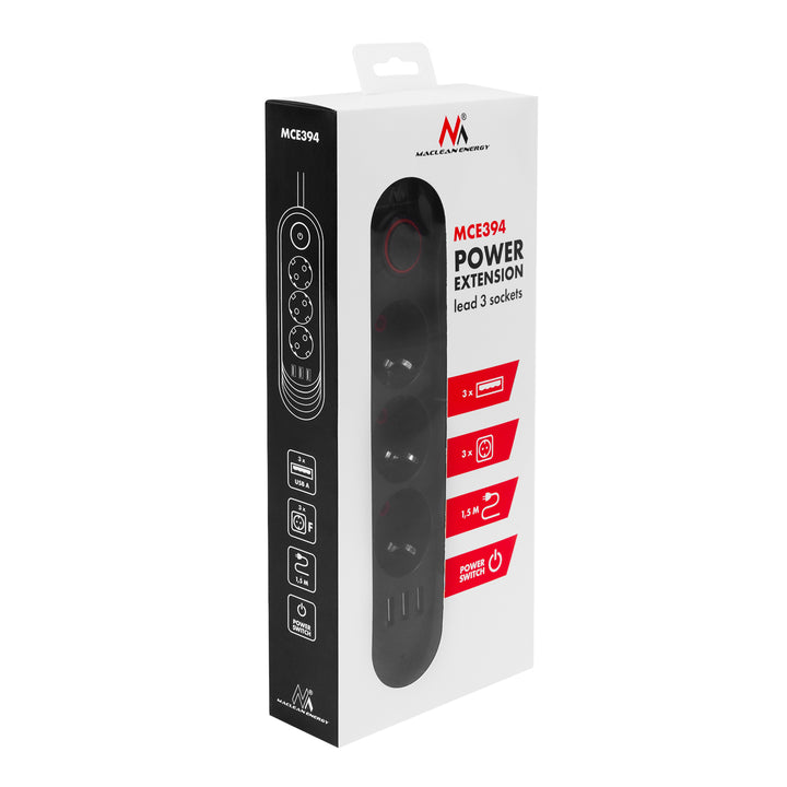 Maclean stekkerdoos, verlengkabel met 3 stopcontacten + 3xUSB, 110-240V AC 50/60Hz, 2,1A max 2500W, 1,5m, zwart, MCE394 B
