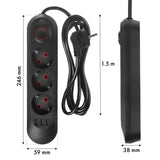 Maclean stekkerdoos, verlengkabel met 3 stopcontacten + 3xUSB, 110-240V AC 50/60Hz, 2,1A max 2500W, 1,5m, zwart, MCE394 B