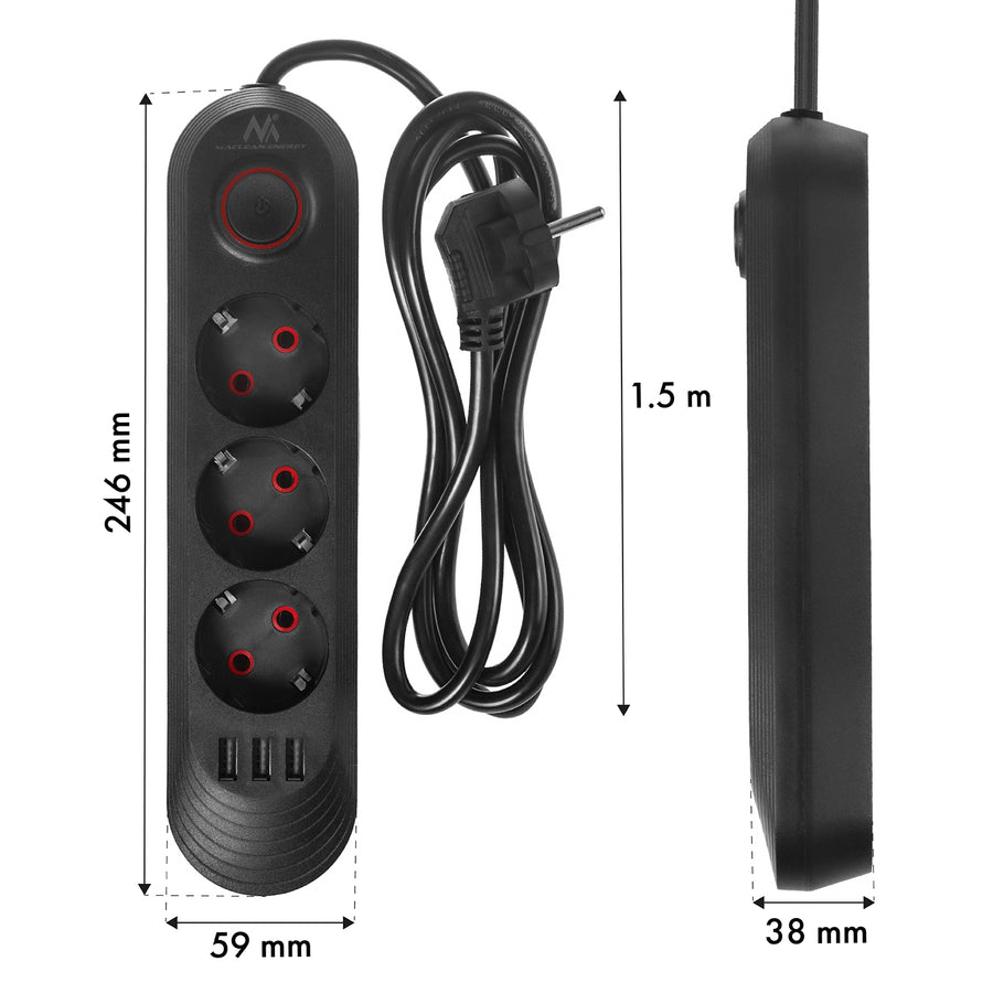 Maclean stekkerdoos, verlengkabel met 3 stopcontacten + 3xUSB, 110-240V AC 50/60Hz, 2,1A max 2500W, 1,5m, zwart, MCE394 B