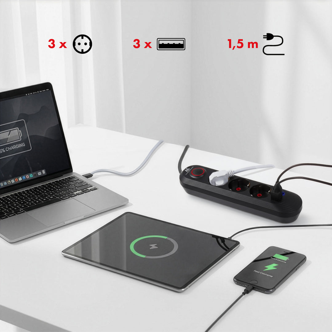 Maclean stekkerdoos, verlengkabel met 3 stopcontacten + 3xUSB, 110-240V AC 50/60Hz, 2,1A max 2500W, 1,5m, zwart, MCE394 B