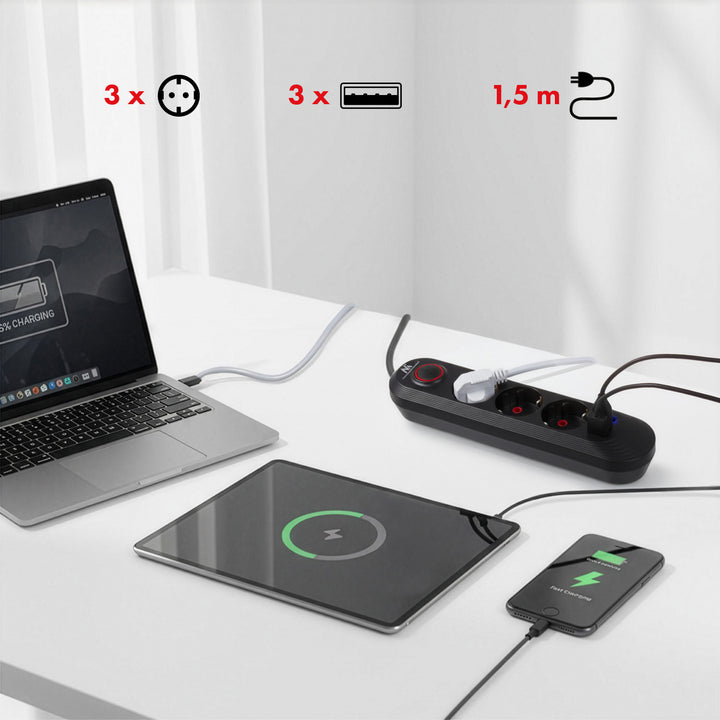 Maclean stekkerdoos, verlengkabel met 3 stopcontacten + 3xUSB, 110-240V AC 50/60Hz, 2,1A max 2500W, 1,5m, zwart, MCE394 B