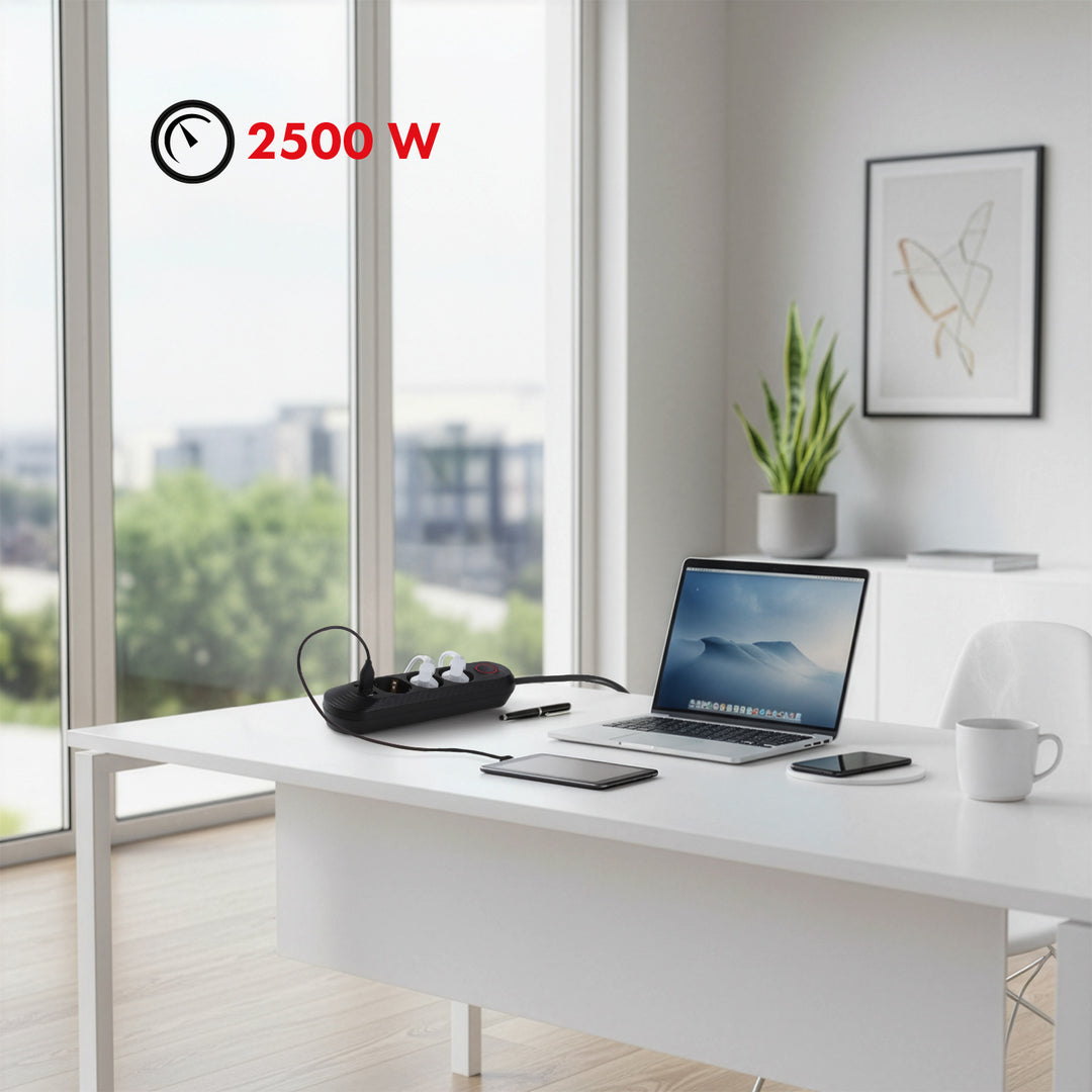 Maclean stekkerdoos, verlengkabel met 3 stopcontacten + 3xUSB, 110-240V AC 50/60Hz, 2,1A max 2500W, 1,5m, zwart, MCE394 B