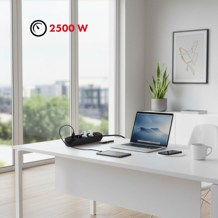 Maclean stekkerdoos, verlengkabel met 3 stopcontacten + 3xUSB, 110-240V AC 50/60Hz, 2,1A max 2500W, 1,5m, zwart, MCE394 B