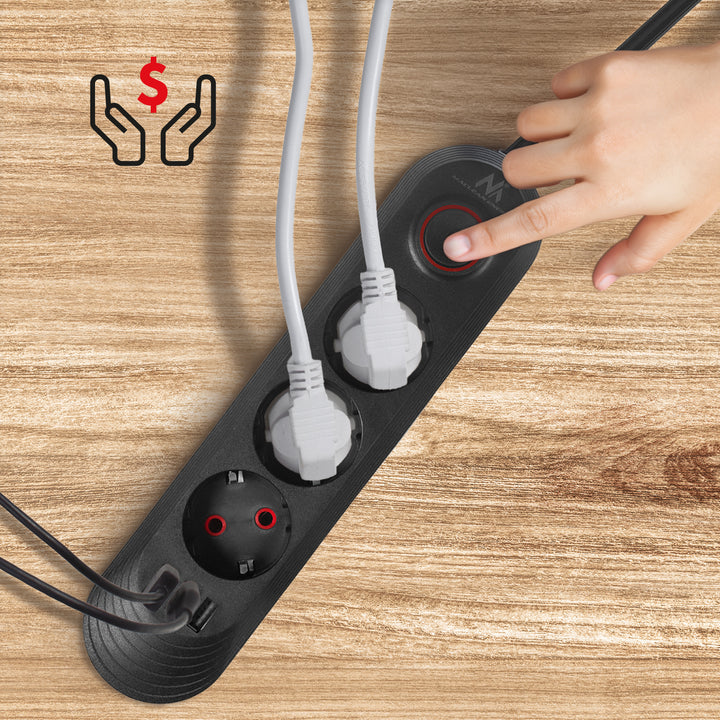 Maclean stekkerdoos, verlengkabel met 3 stopcontacten + 3xUSB, 110-240V AC 50/60Hz, 2,1A max 2500W, 1,5m, zwart, MCE394 B