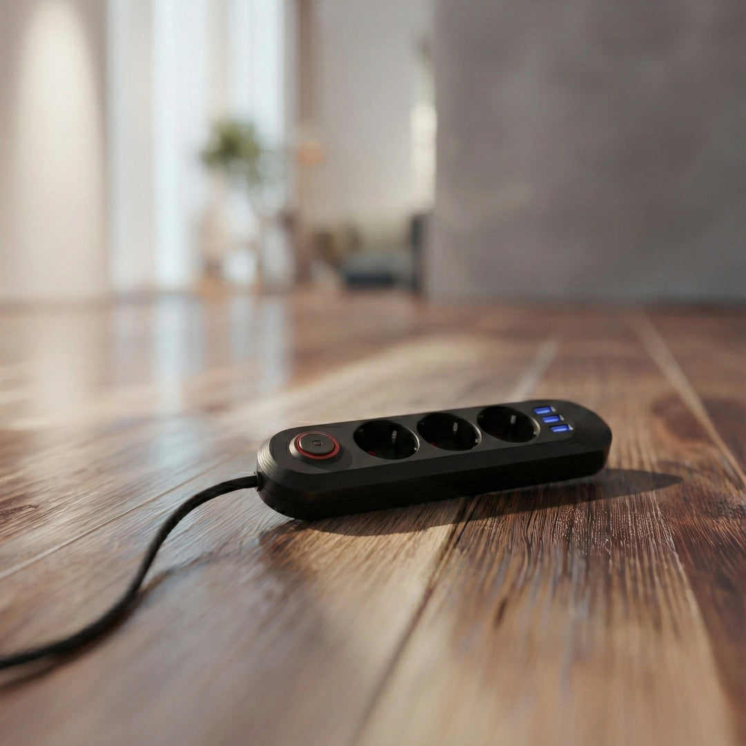 Maclean stekkerdoos, verlengkabel met 3 stopcontacten + 3xUSB, 110-240V AC 50/60Hz, 2,1A max 2500W, 1,5m, zwart, MCE394 B