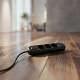 Maclean stekkerdoos, verlengkabel met 3 stopcontacten + 3xUSB, 110-240V AC 50/60Hz, 2,1A max 2500W, 1,5m, zwart, MCE394 B
