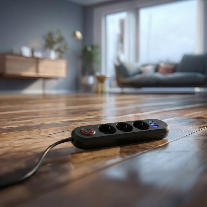 Maclean stekkerdoos, verlengkabel met 3 stopcontacten + 3xUSB, 110-240V AC 50/60Hz, 2,1A max 2500W, 1,5m, zwart, MCE394 B