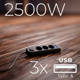 Maclean stekkerdoos, verlengkabel met 3 stopcontacten + 3xUSB, 110-240V AC 50/60Hz, 2,1A max 2500W, 1,5m, zwart, MCE394 B