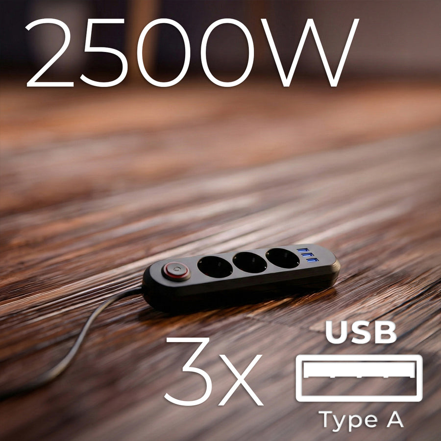 Maclean stekkerdoos, verlengkabel met 3 stopcontacten + 3xUSB, 110-240V AC 50/60Hz, 2,1A max 2500W, 1,5m, zwart, MCE394 B