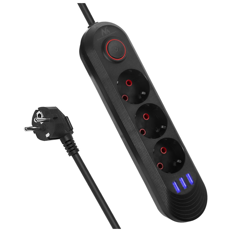 Maclean stekkerdoos, verlengkabel met 3 stopcontacten + 3xUSB, 110-240V AC 50/60Hz, 2,1A max 2500W, 1,5m, zwart, MCE394 B