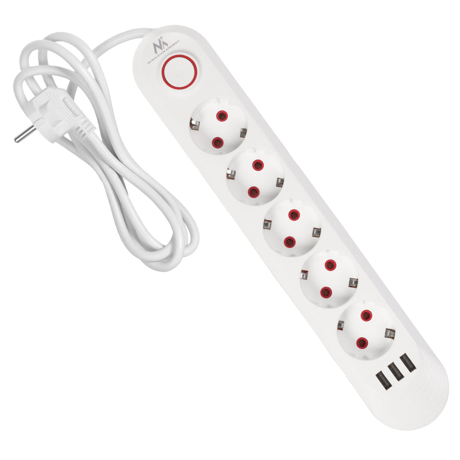 Maclean stekkerdoos, 5-polige verlengkabel + 3xUSB, 110-240V AC 50/60Hz, 2,1A max 2500W, 1,5m, wit, MCE395 W
