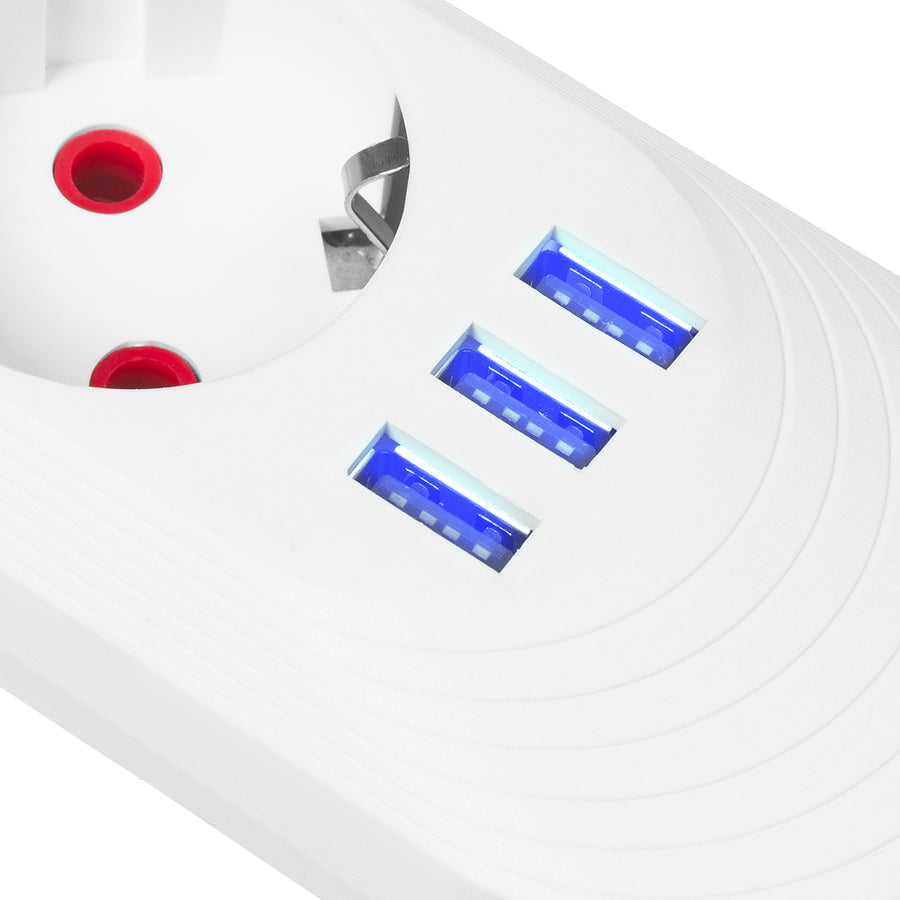 Maclean stekkerdoos, 5-polige verlengkabel + 3xUSB, 110-240V AC 50/60Hz, 2,1A max 2500W, 1,5m, wit, MCE395 W