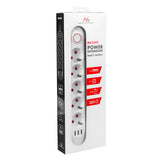 Maclean stekkerdoos, 5-polige verlengkabel + 3xUSB, 110-240V AC 50/60Hz, 2,1A max 2500W, 1,5m, wit, MCE395 W