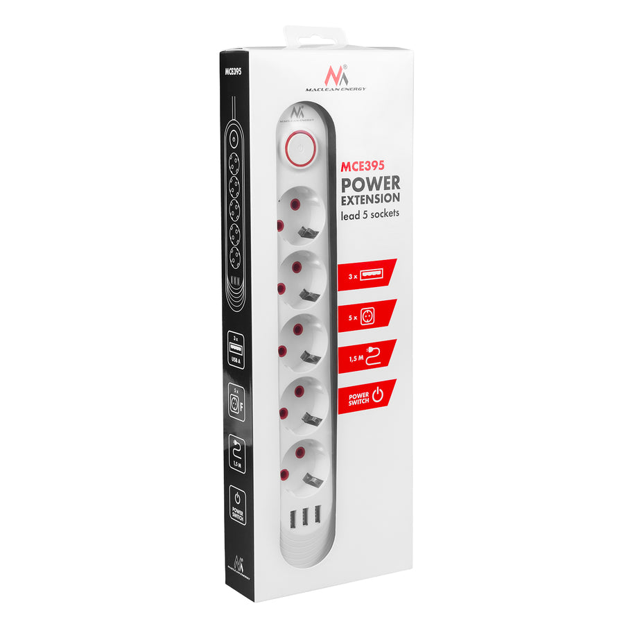 Maclean stekkerdoos, 5-polige verlengkabel + 3xUSB, 110-240V AC 50/60Hz, 2,1A max 2500W, 1,5m, wit, MCE395 W