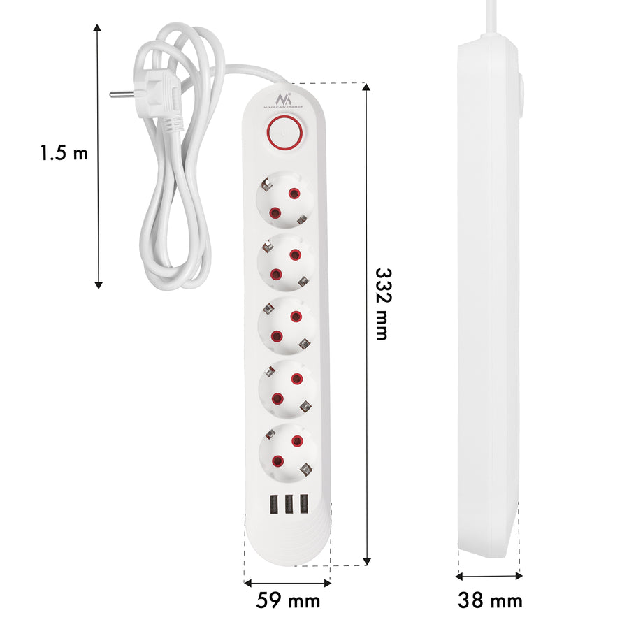 Maclean stekkerdoos, 5-polige verlengkabel + 3xUSB, 110-240V AC 50/60Hz, 2,1A max 2500W, 1,5m, wit, MCE395 W
