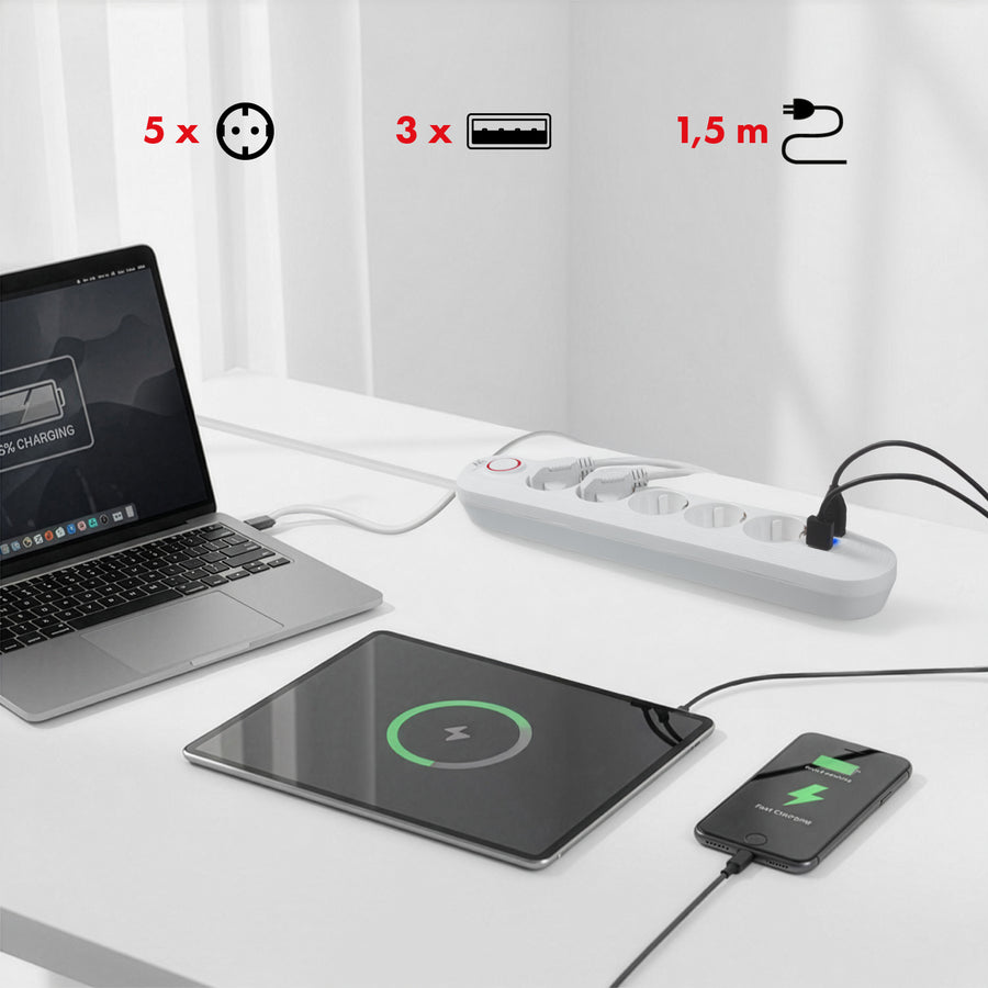 Maclean stekkerdoos, 5-polige verlengkabel + 3xUSB, 110-240V AC 50/60Hz, 2,1A max 2500W, 1,5m, wit, MCE395 W