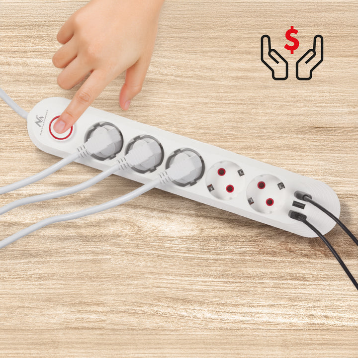 Maclean stekkerdoos, 5-polige verlengkabel + 3xUSB, 110-240V AC 50/60Hz, 2,1A max 2500W, 1,5m, wit, MCE395 W