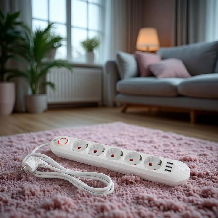 Maclean stekkerdoos, 5-polige verlengkabel + 3xUSB, 110-240V AC 50/60Hz, 2,1A max 2500W, 1,5m, wit, MCE395 W