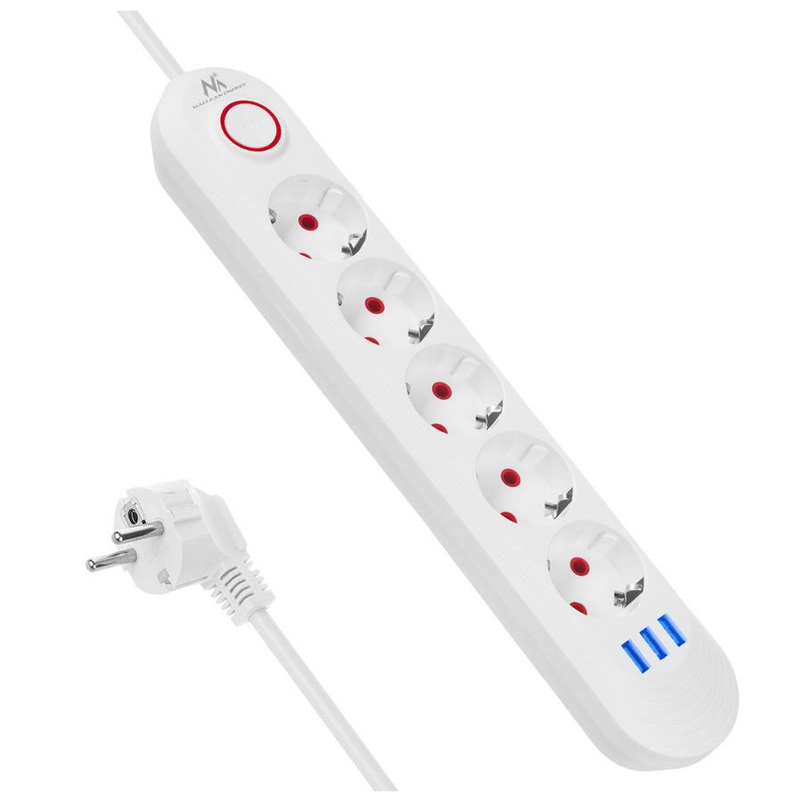 Maclean stekkerdoos, 5-polige verlengkabel + 3xUSB, 110-240V AC 50/60Hz, 2,1A max 2500W, 1,5m, wit, MCE395 W
