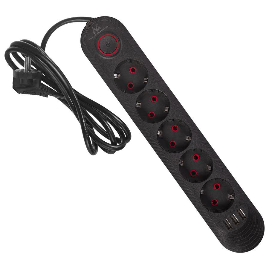 Maclean stekkerdoos, 5-polige verlengkabel + 3xUSB, 110-240V AC 50/60Hz, 2,1A max 2500W, 1,5m, zwart, MCE395 B