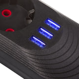 Maclean stekkerdoos, 5-polige verlengkabel + 3xUSB, 110-240V AC 50/60Hz, 2,1A max 2500W, 1,5m, zwart, MCE395 B