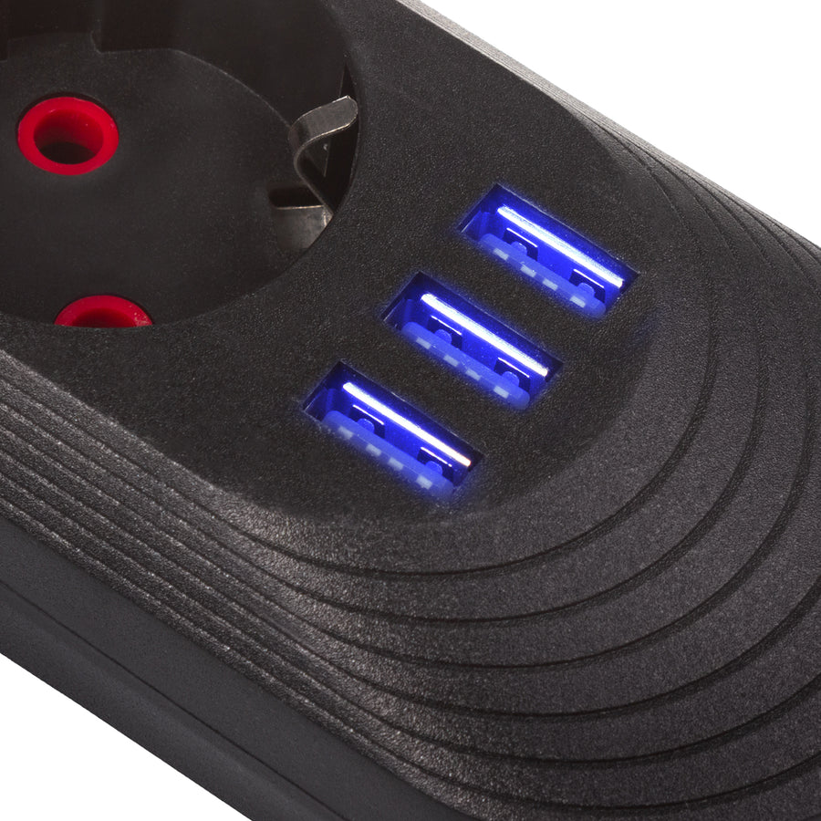 Maclean stekkerdoos, 5-polige verlengkabel + 3xUSB, 110-240V AC 50/60Hz, 2,1A max 2500W, 1,5m, zwart, MCE395 B
