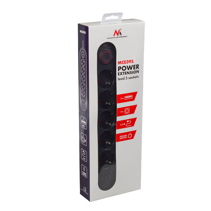 Maclean stekkerdoos, 5-polige verlengkabel + 3xUSB, 110-240V AC 50/60Hz, 2,1A max 2500W, 1,5m, zwart, MCE395 B