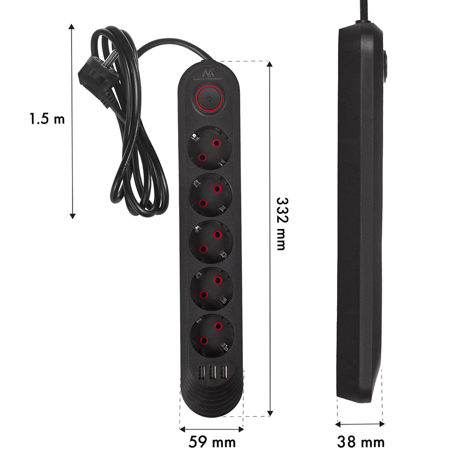 Maclean stekkerdoos, 5-polige verlengkabel + 3xUSB, 110-240V AC 50/60Hz, 2,1A max 2500W, 1,5m, zwart, MCE395 B