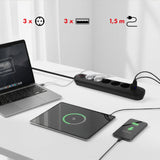 Maclean stekkerdoos, 5-polige verlengkabel + 3xUSB, 110-240V AC 50/60Hz, 2,1A max 2500W, 1,5m, zwart, MCE395 B