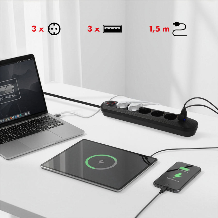 Maclean stekkerdoos, 5-polige verlengkabel + 3xUSB, 110-240V AC 50/60Hz, 2,1A max 2500W, 1,5m, zwart, MCE395 B