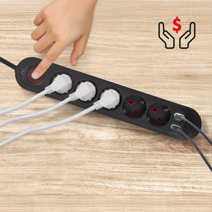 Maclean stekkerdoos, 5-polige verlengkabel + 3xUSB, 110-240V AC 50/60Hz, 2,1A max 2500W, 1,5m, zwart, MCE395 B