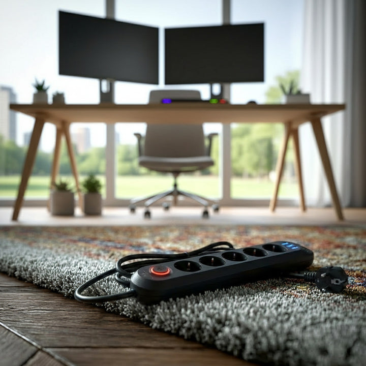 Maclean stekkerdoos, 5-polige verlengkabel + 3xUSB, 110-240V AC 50/60Hz, 2,1A max 2500W, 1,5m, zwart, MCE395 B