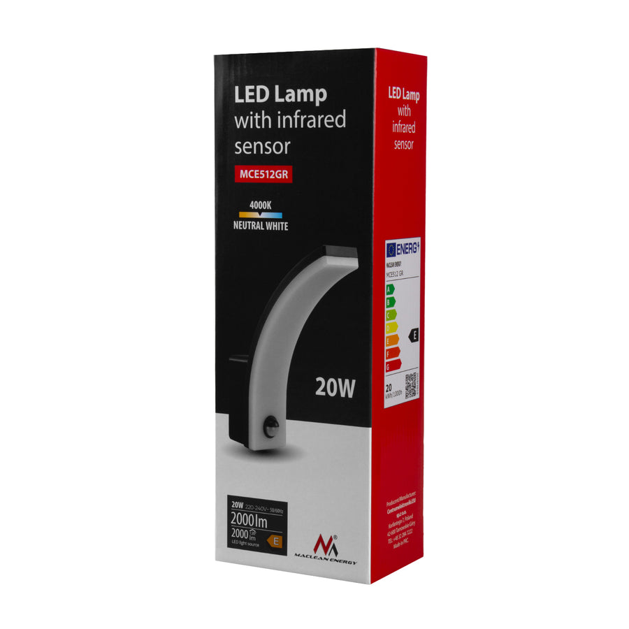 Maclean bewegingssensor LED lamp, PIR bewegingssensor, grijs, 20W, IP65, 2000lm, neutraal wit (4000K) MCE512 GR, 4 stuks