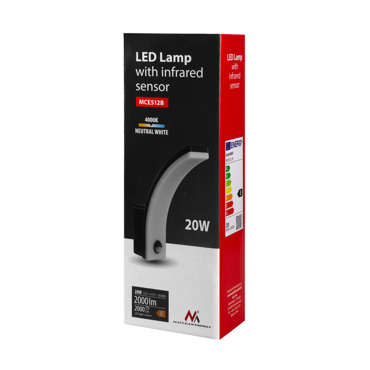 Maclean bewegingssensor LED lamp, PIR bewegingssensor, zwart, 20W, IP65, 2000lm, neutraal wit (4000K) MCE512 B, 4 stuks