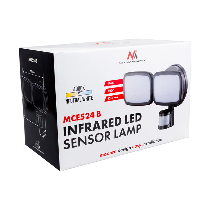 Maclean LED-wandlamp, met PIR-sensor, 20 W, 1500 lm, IP65, neutraal wit 4000 K, zwart, MCE524 B
