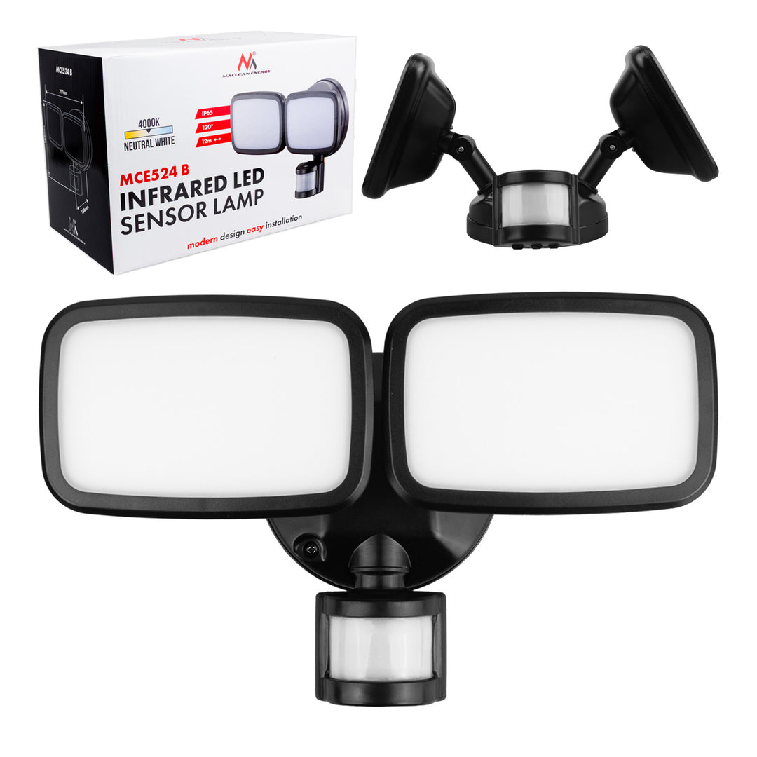 Maclean LED-wandlamp, met PIR-sensor, 20 W, 1500 lm, IP65, neutraal wit 4000 K, zwart, MCE524 B