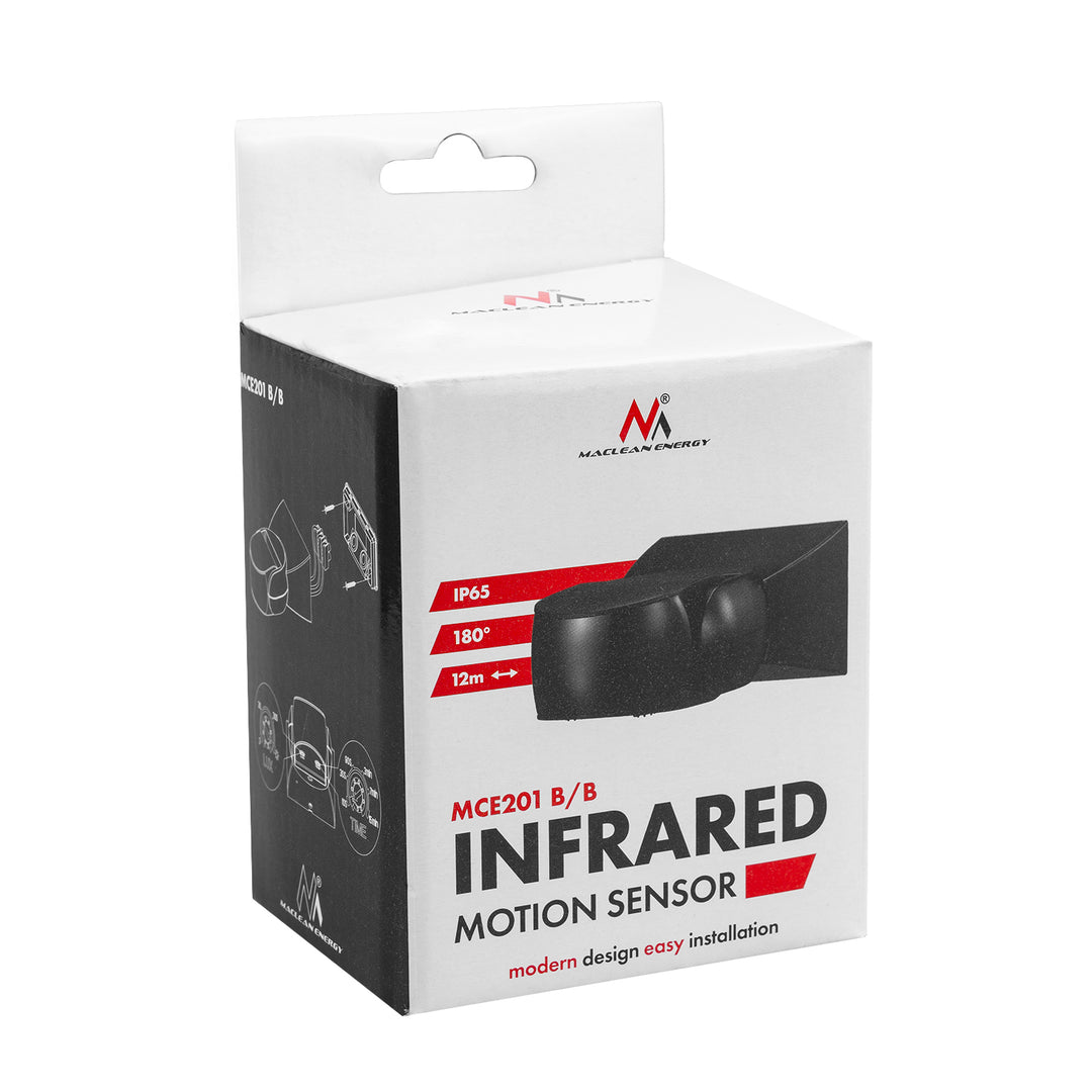 Maclean PIR-bewegingssensor, infrarood, IP65, zwart met zwarte afdekking, bereik 12 m, MCE201 B/B