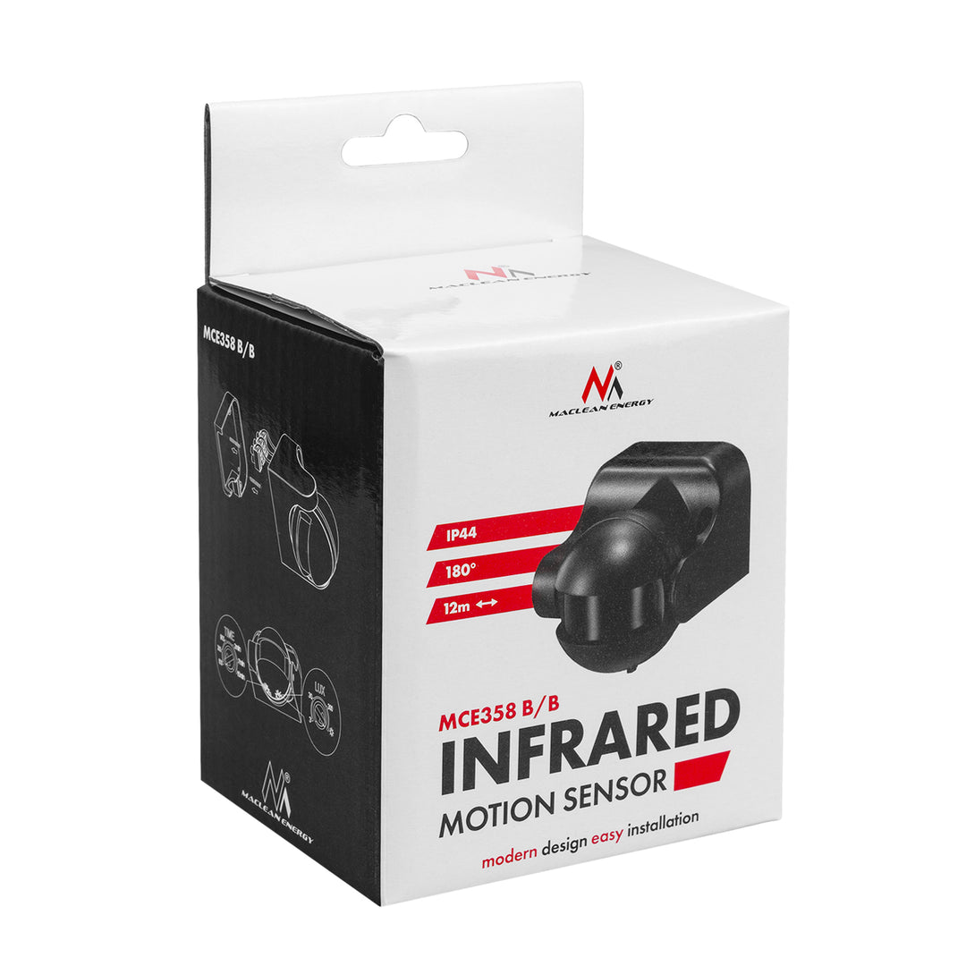 Maclean PIR-bewegingssensor, infrarood, IP44, zwart met zwarte afdekking, bereik 12 m, max. belasting 300/1200 W, MCE358 B/B