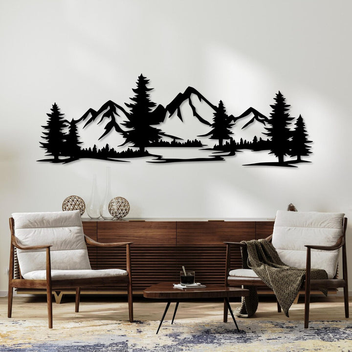 Opengewerkt schilderij, 3D wanddecoratie, 3D schilderij "Bergen met bos" 200x68cm Zwart