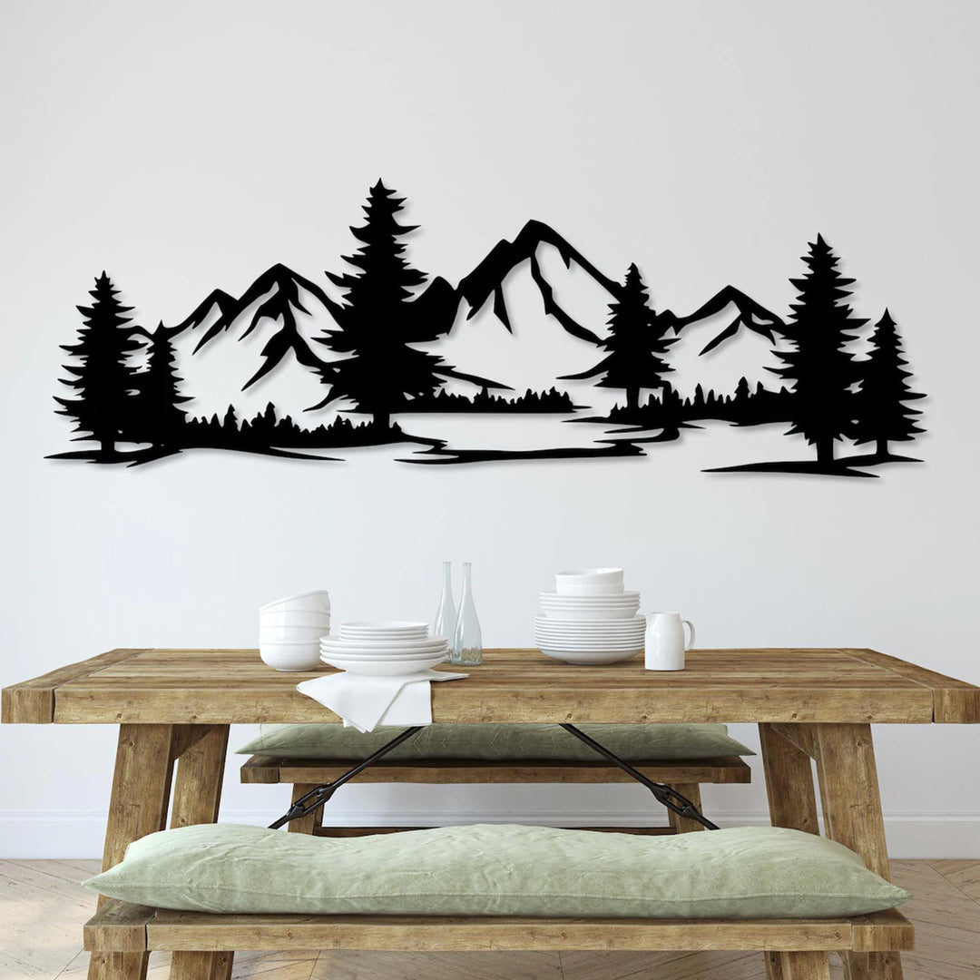 Opengewerkt schilderij, 3D wanddecoratie, 3D schilderij "Bergen met bos" 200x68cm Zwart