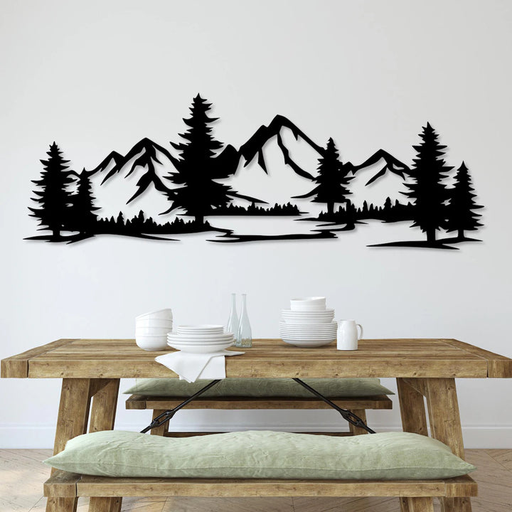 Opengewerkt schilderij, 3D wanddecoratie, 3D schilderij "Bergen met bos" 200x68cm Zwart