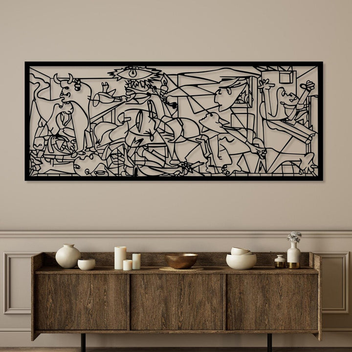 Opengewerkt schilderij, 3D wanddecoratie, 3D schilderij "Guernica van Pablo Picasso" 150x60cm Zwart