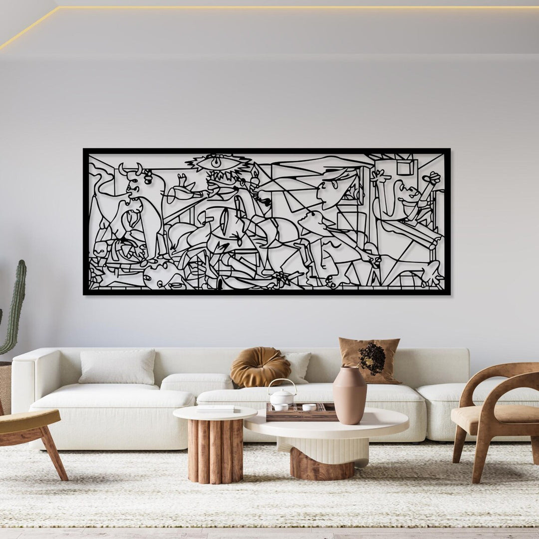 Opengewerkt schilderij, 3D wanddecoratie, 3D schilderij "Guernica van Pablo Picasso" 80x32cm Zwart