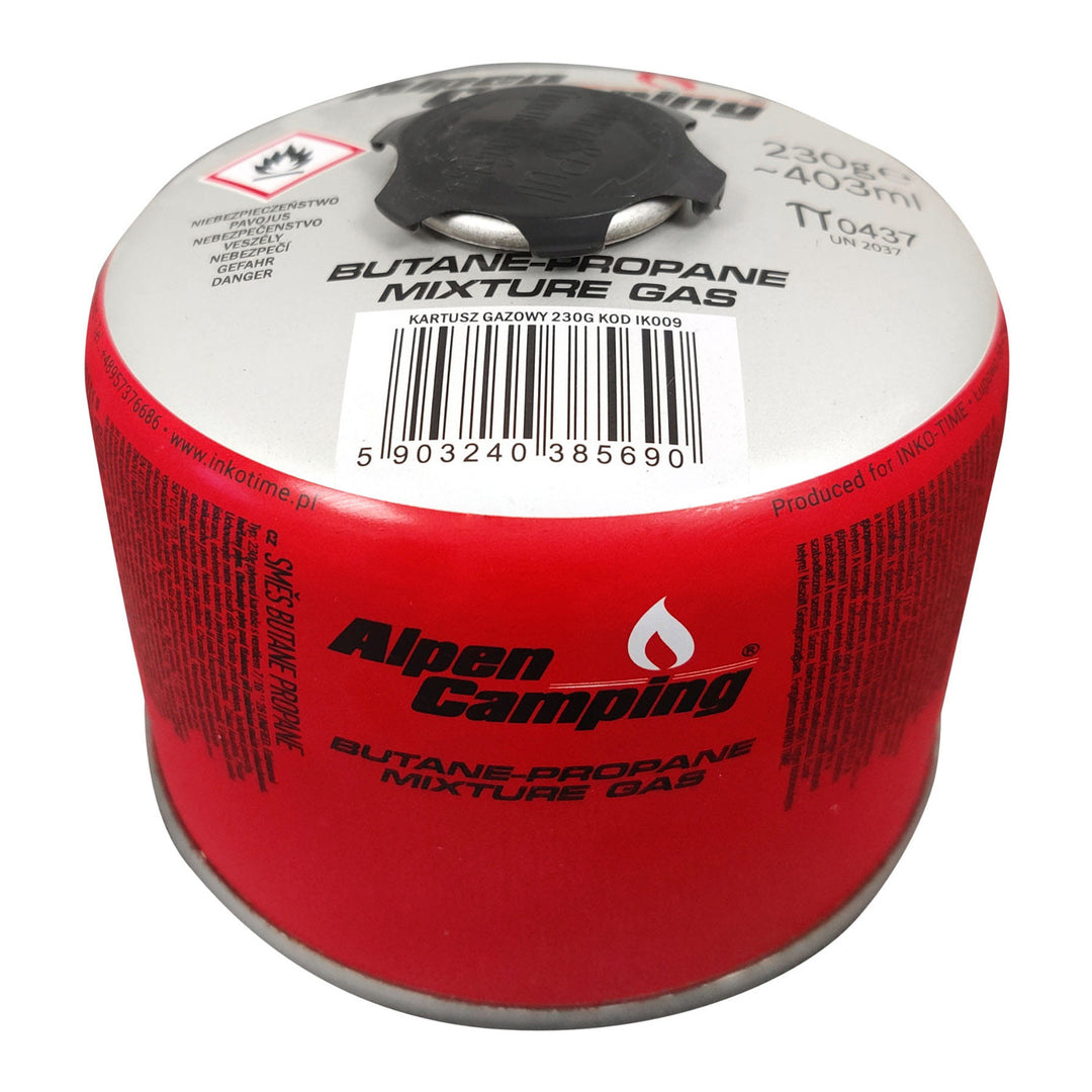 Gaspatroon 230g Alpen Camping, certificaat: Pi 0656, voldoet aan EN417, propaan-butaan, bereik -10°C tot + 40°C, 7/16" draadventiel IK009